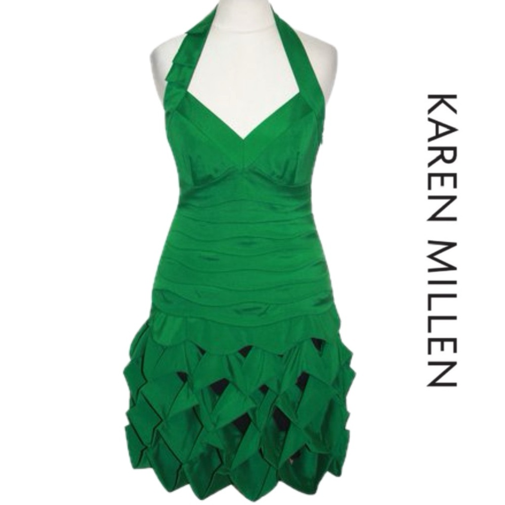{Karen Millen England} Couture Luxury Silk Kelly Green Halter Dress • Size 4